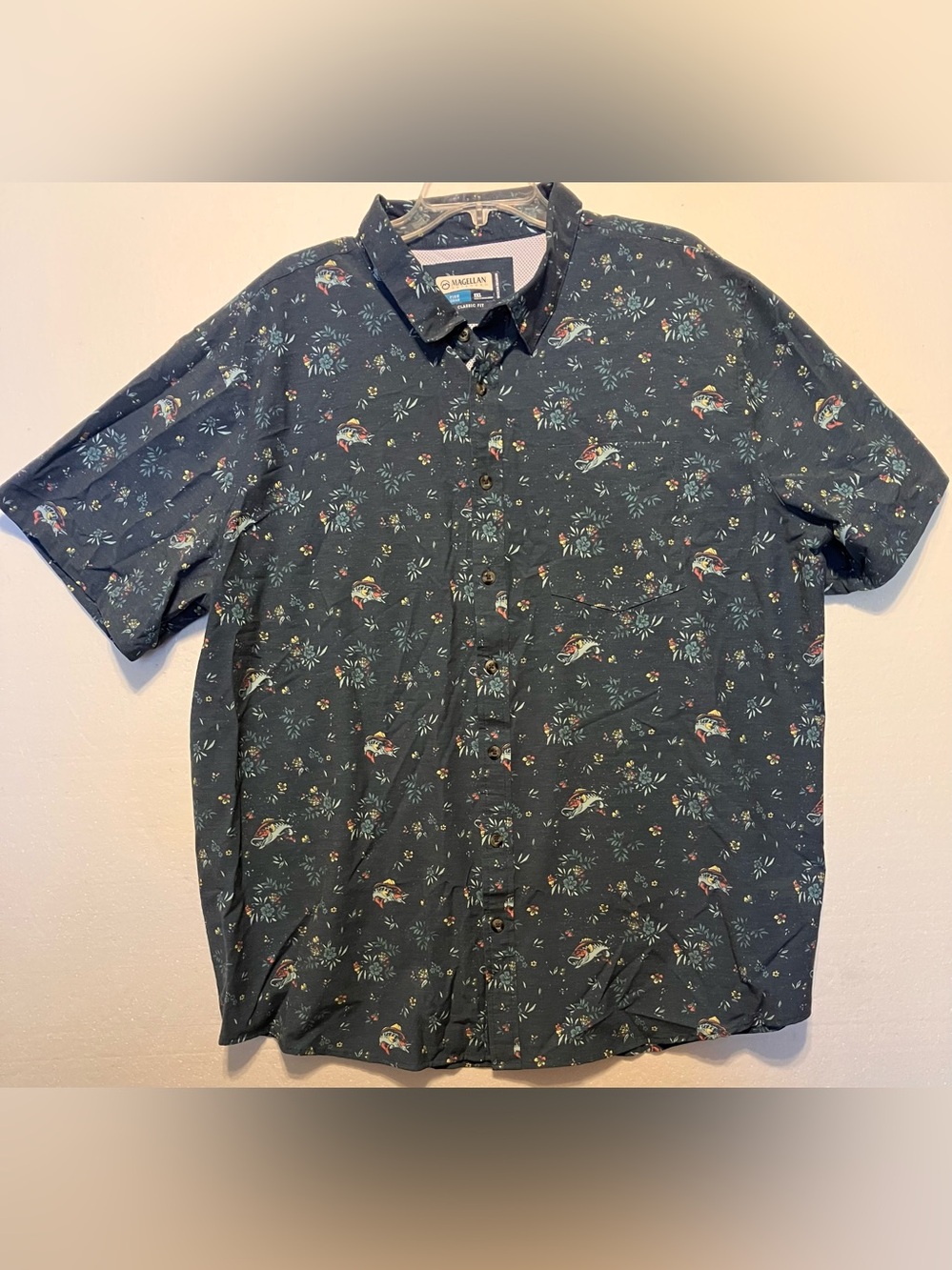 Magellan Fish Gear 2XL Dark Teal Short-Sleeve Button-Down with Floral Parrot